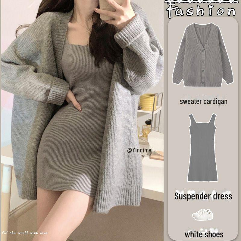 

Женский зимний трикотажный комбинезон из двух частей: Комплект из кардигана, жилета и короткой юбки M