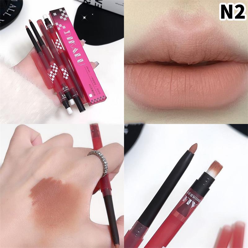 

Dikalu Matte Lip Liner Pencil With Brush Double-Head Nude Grey Pink Lip Contour Tint Pen Lipstick Non-Stick Cup Lips Makeup as the picture