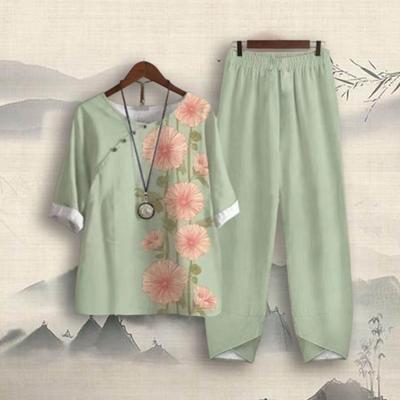 2Pcs/Set Blouse Pants Round Neck Half Sleeve Button Elastic Waist Casual Daily Garment