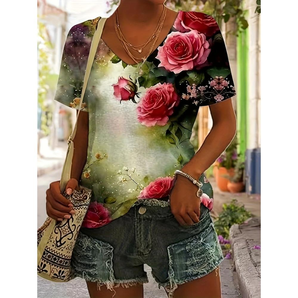 Summer Fashion Bright Rose Pattern V-neck T-shirt XS