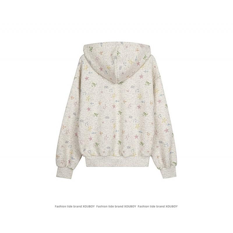 Oversized Floral Print Hooded Zip-Up Sweatshirt Unisex Loose Fit Casual Top