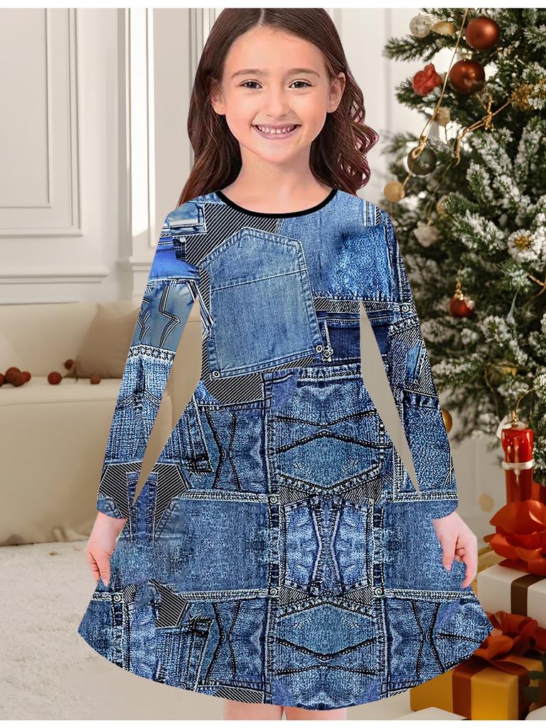 Girls' Autumn and Winter Fashion Dress, 3D Vintage Pattern Print  Round Neck Long Children's T-shirt Dress, Casual Versatile, Christmas Clothing