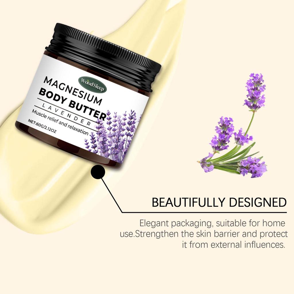 Lavender Magnesium Body Butter - en återfuktande kräm lämplig för torr hud, som avger en avslappnande doft, mild och icke-fet.