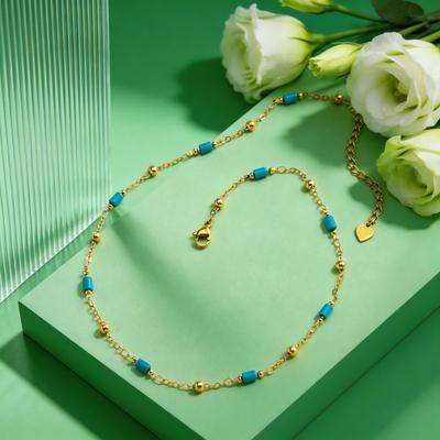 Hip Pop Turquoise Spacer Bead Necklace for Women Gold-Plated Beaded Chain Necklaces Fashion Choker Jewelry Gift