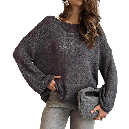 Dame Strikketopper Rund Hals Langermet Genser Topper Løs Passform Ensfarget Høst Pullover Topper Strikk