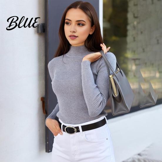 Women Knitwear Knitting Bottoming Shirt Half High Collar Long Sleeve Solid Color Slim Fit Tops Ribbed Warm Fall Winter Knit