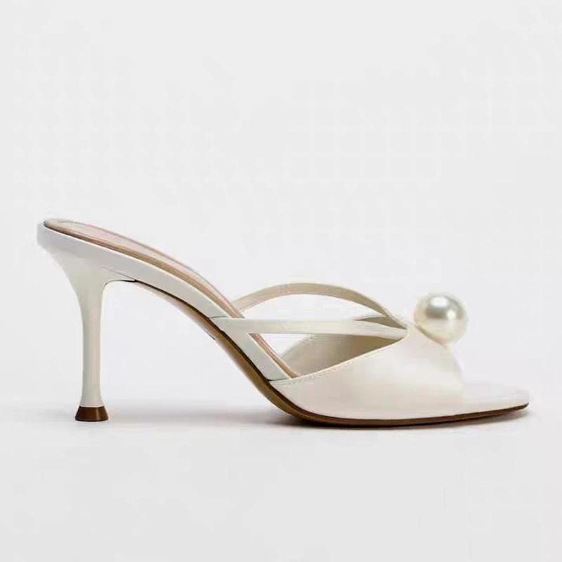 Fashion Luxury String Bead Brand Designer Slippers Women High Quality Satin Narrow Band Slide Sandals Elegant Open-toe Party Dress Shoes