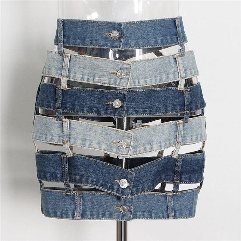

Fashion European and American Style Sexy Patchwork Hollow Sheath Short Skirt Cowboy Blue S