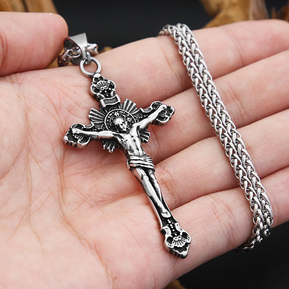Vintage Stainless Steel Jesus Cross Pendant for Men Women Hip Hop Religion Amulet Necklace Fashion Jewelry Gifts Dropshipping