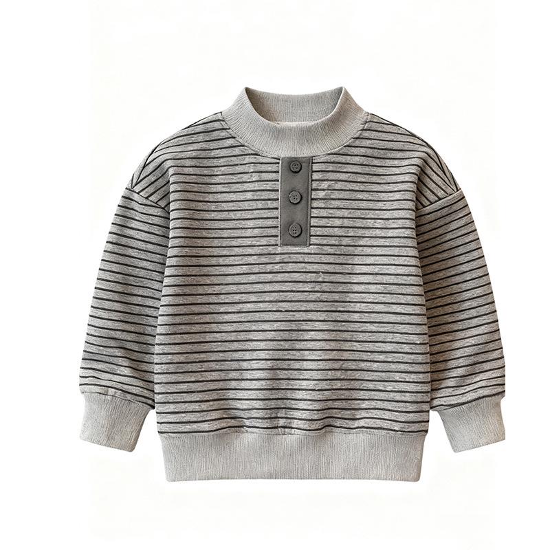Thickened Lambswool Boys' Striped Fleece-Lined Sweatshirt Winter Warm Base Layer for Mid-Large Children