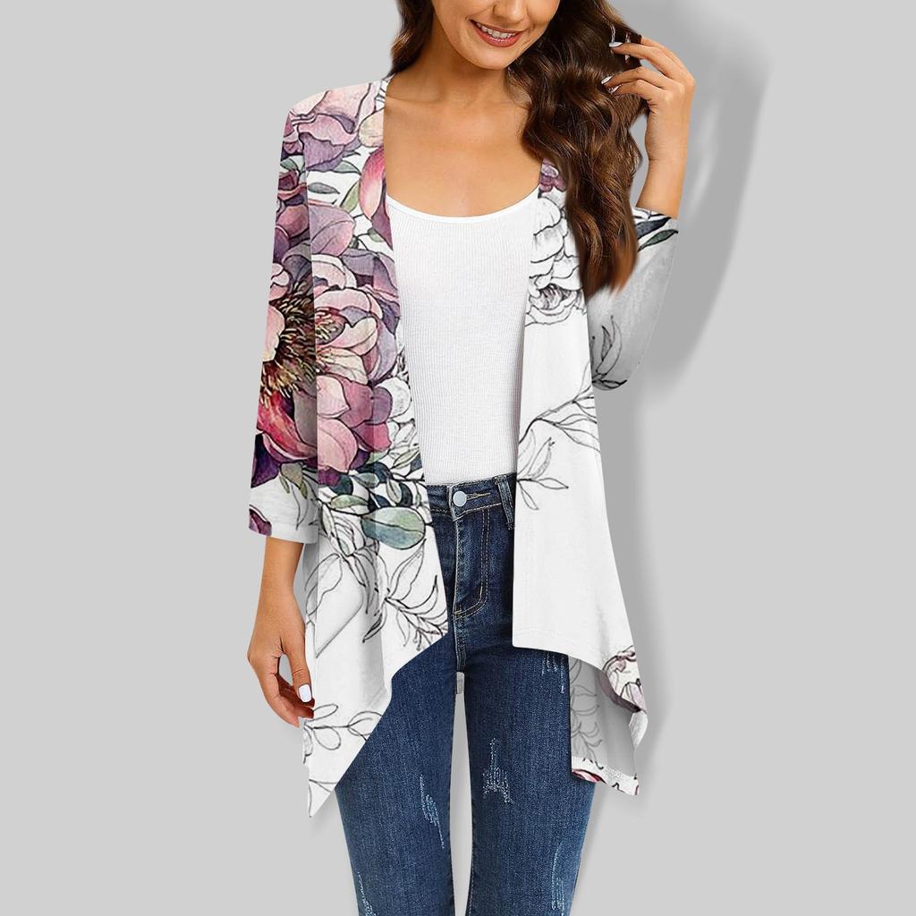 Women's Floral Print Irregular Three-quarter Sleeve Cardigan With Pocket Jacket