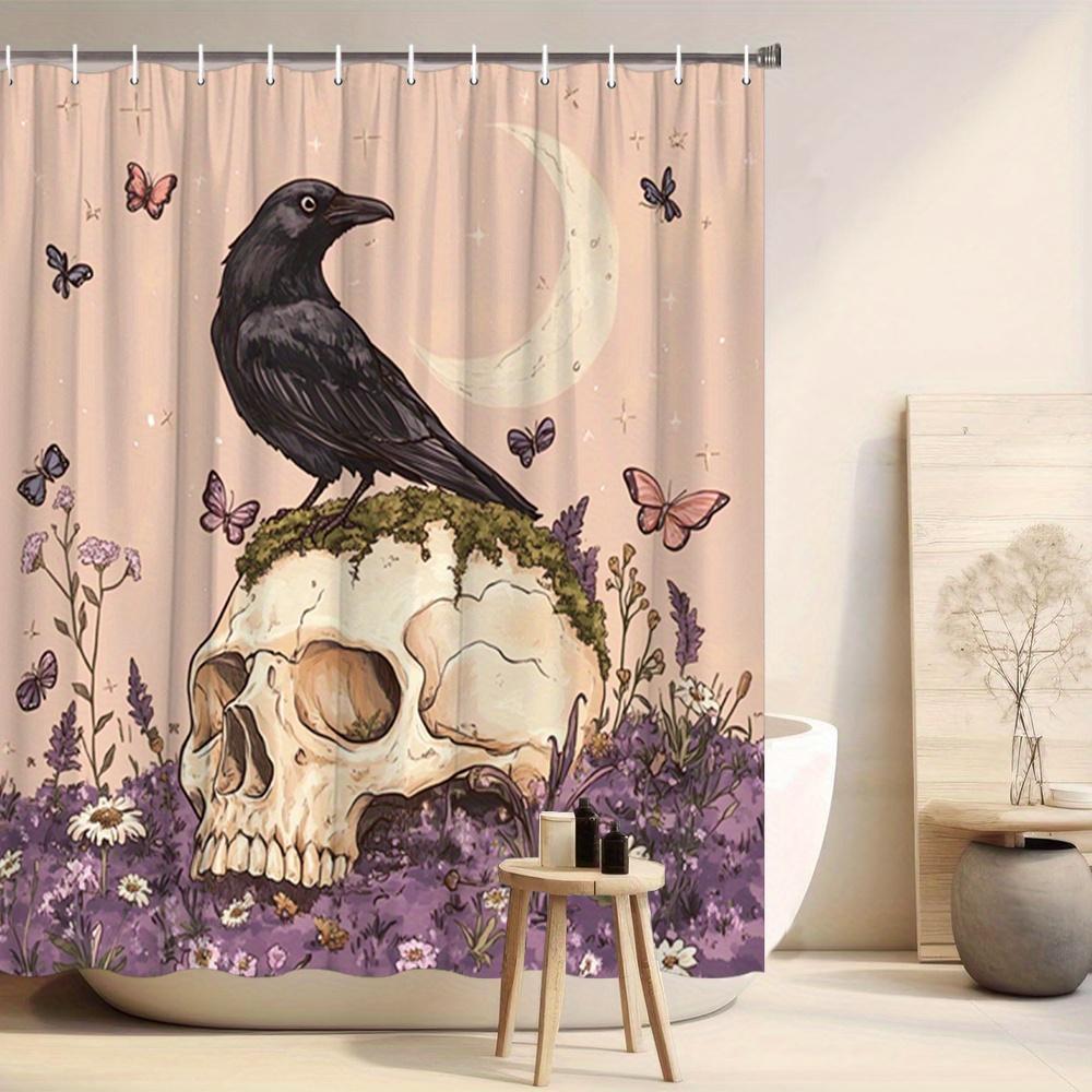 

Mystical Crow & Skull Shower Curtain - Pink Butterflies, Purple Flowers, Crescent Moon Design, Gothic Fantasy Art W60H190(CM)-1 Pcs