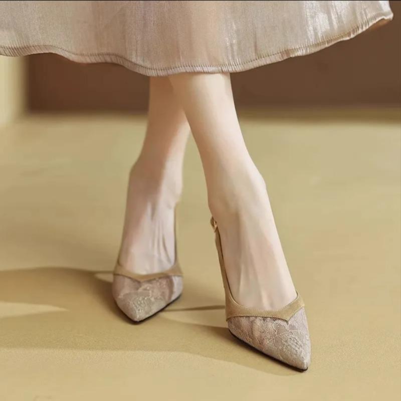 Fashion Summer New Pointed Toe Stiletto Woven Mesh Lace Back Empty Wrapped Head Temperament High Heels Sandals Women