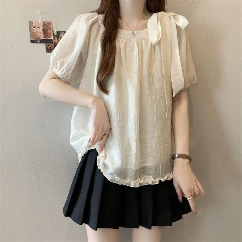 Women Square Neck Bow Puff Short Sleeve Blouse, Ruffle Hem Textured Loose Summer Shirt Top