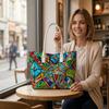 Vibrant Geometric Stained Glass Pattern Large Tote Bag For Daily Casual Use