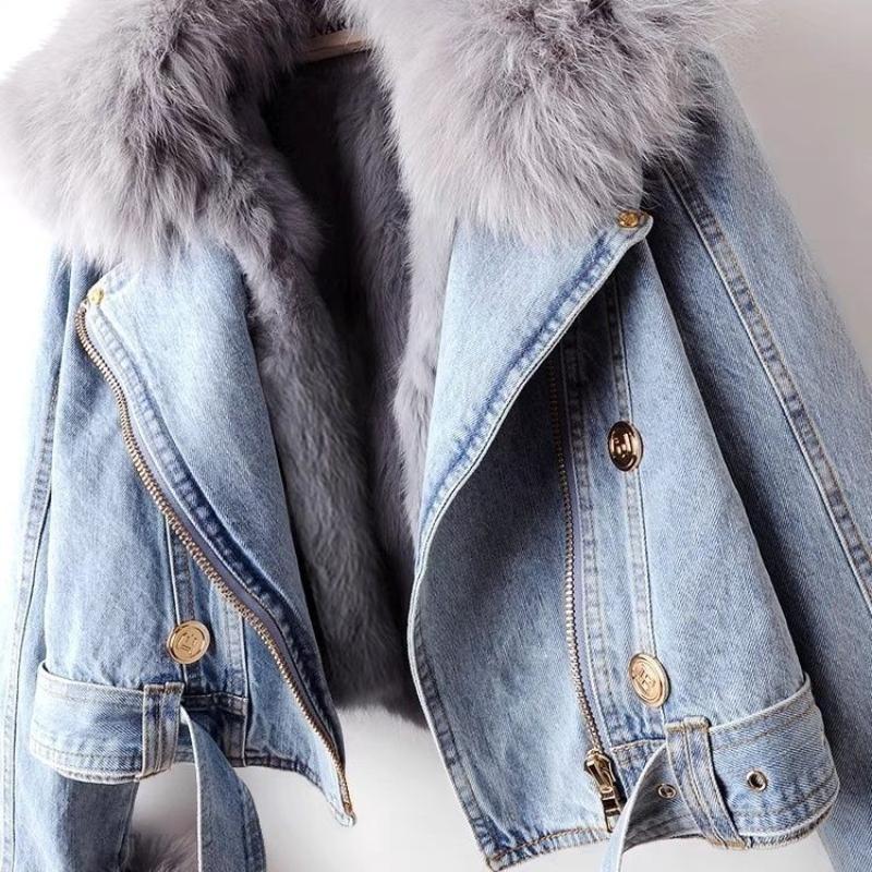 Autumn and Winter Detachable Wool Lining Denim Jacket Women's Short Top Parka