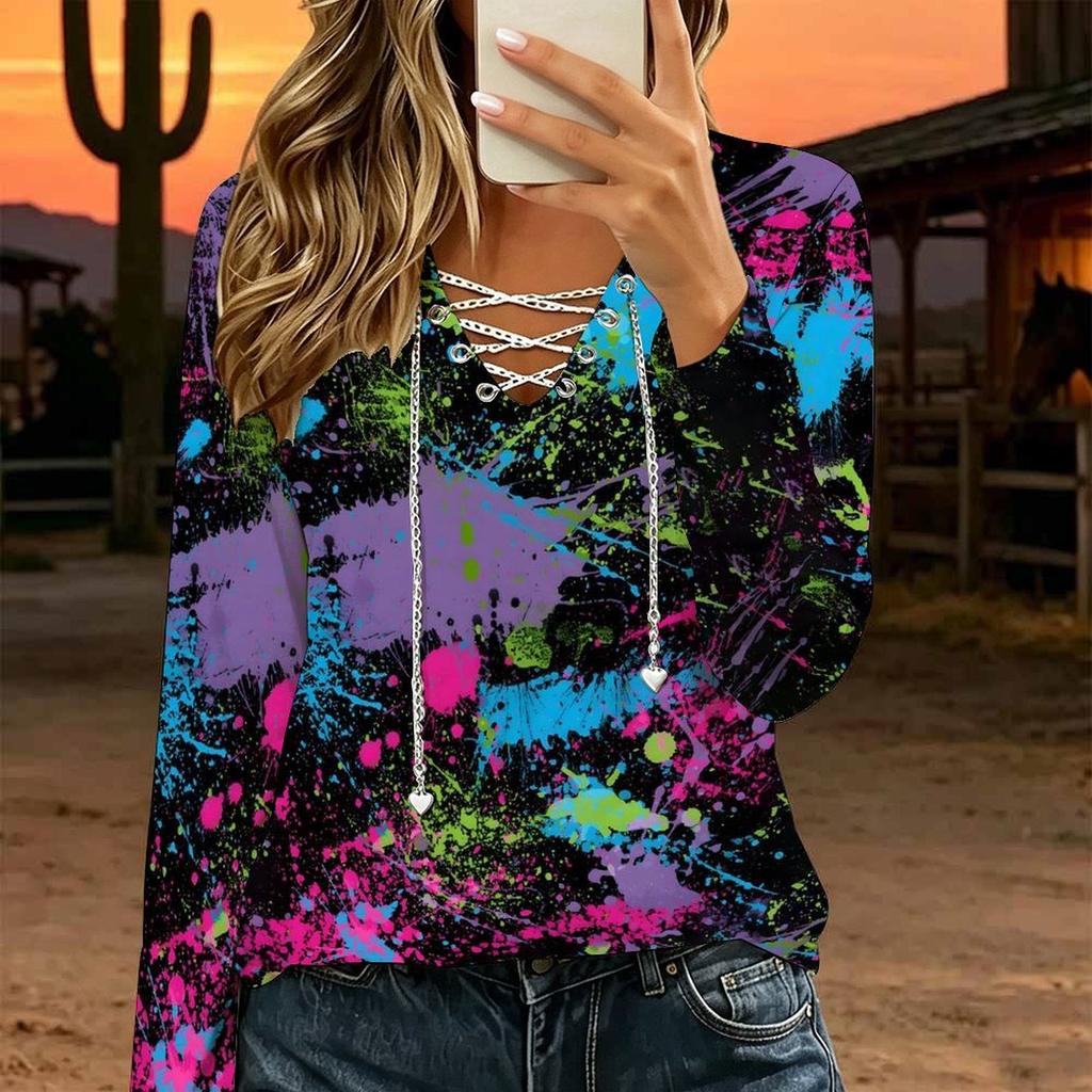 Women Plus Size Crisscross V Neck Long Sleeve Top Retro Camouflage Print Casual Loose Blouse