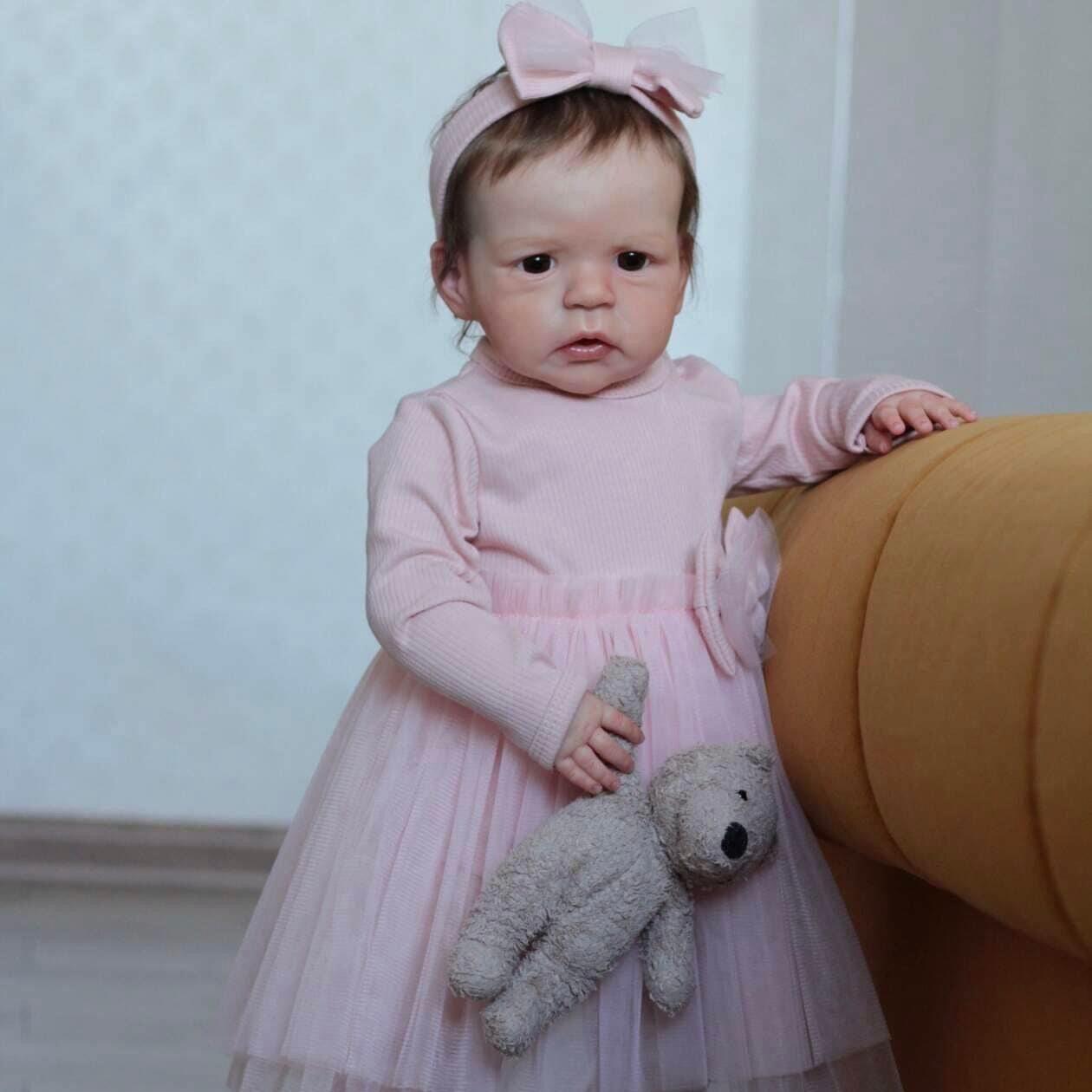 60cm Lifelike Reborn Toddler Doll  Sandie  in Pink Knitted Dress - Exquisite Hand-Painted 60cm