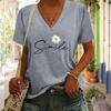 Fashion Smile Flowers Painting Blouses Short Sleeved V-Neck T Shirts Casual