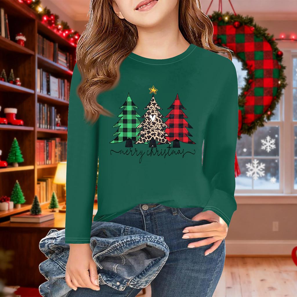 Dívčí trička s dlouhým rukávem na Vánoce Dětské podzimní topy Kulatý výstřih Základní trička 2-11L