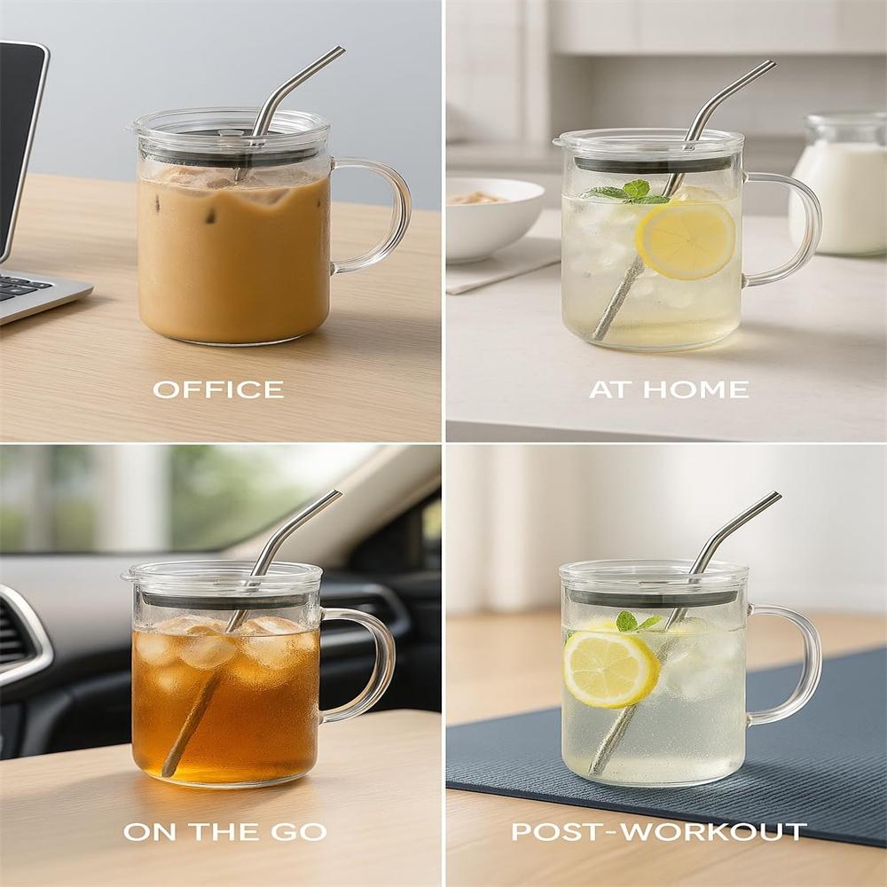 1pc Large Glass Cups with Lids and Straws 1000ML Reusable Iced Coffee Tumbler for Hot & Cold Drinks Smoothies, Tea, Juice