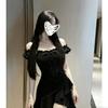 Black irregular dress women's ruffle edge 2026 summer new one-word shoulder sexy skirt women's waist