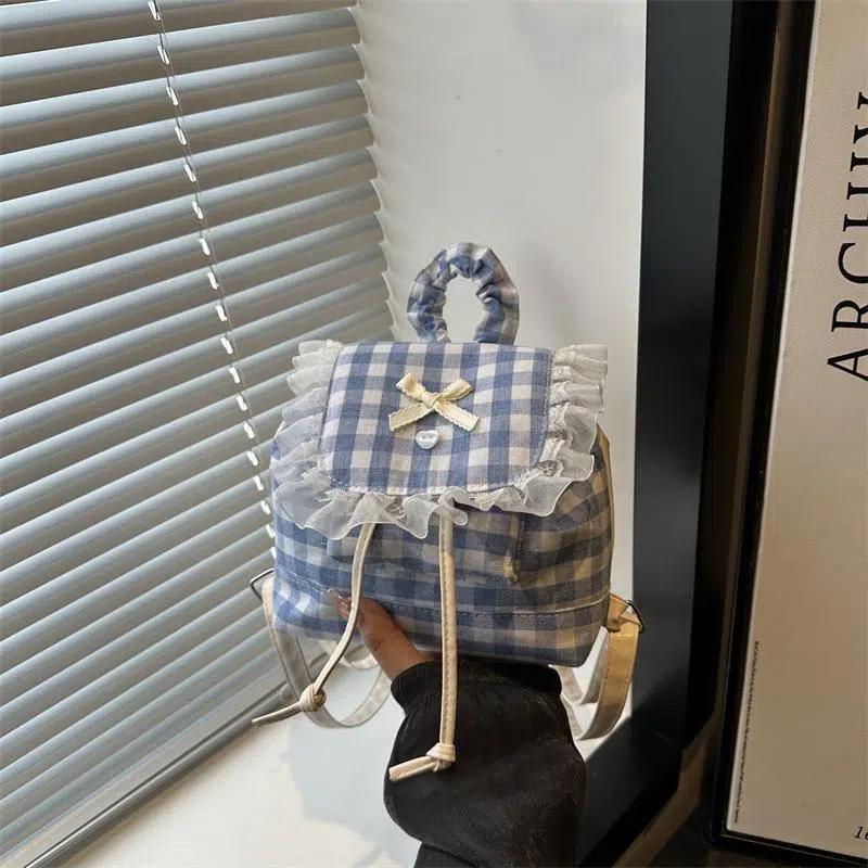 1Pcs Large Capacity Bow Shoulder Bag Multi Functional Korean Style Lace Plaid Backpack Travel Canvas Backpack Book Bag