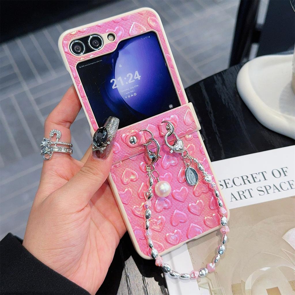 For Samsung Galaxy Z Flip7 FE 5G/Z Flip6 5G Case Bubble Heart Leather+PC Phone Cover with Beaded Strap
