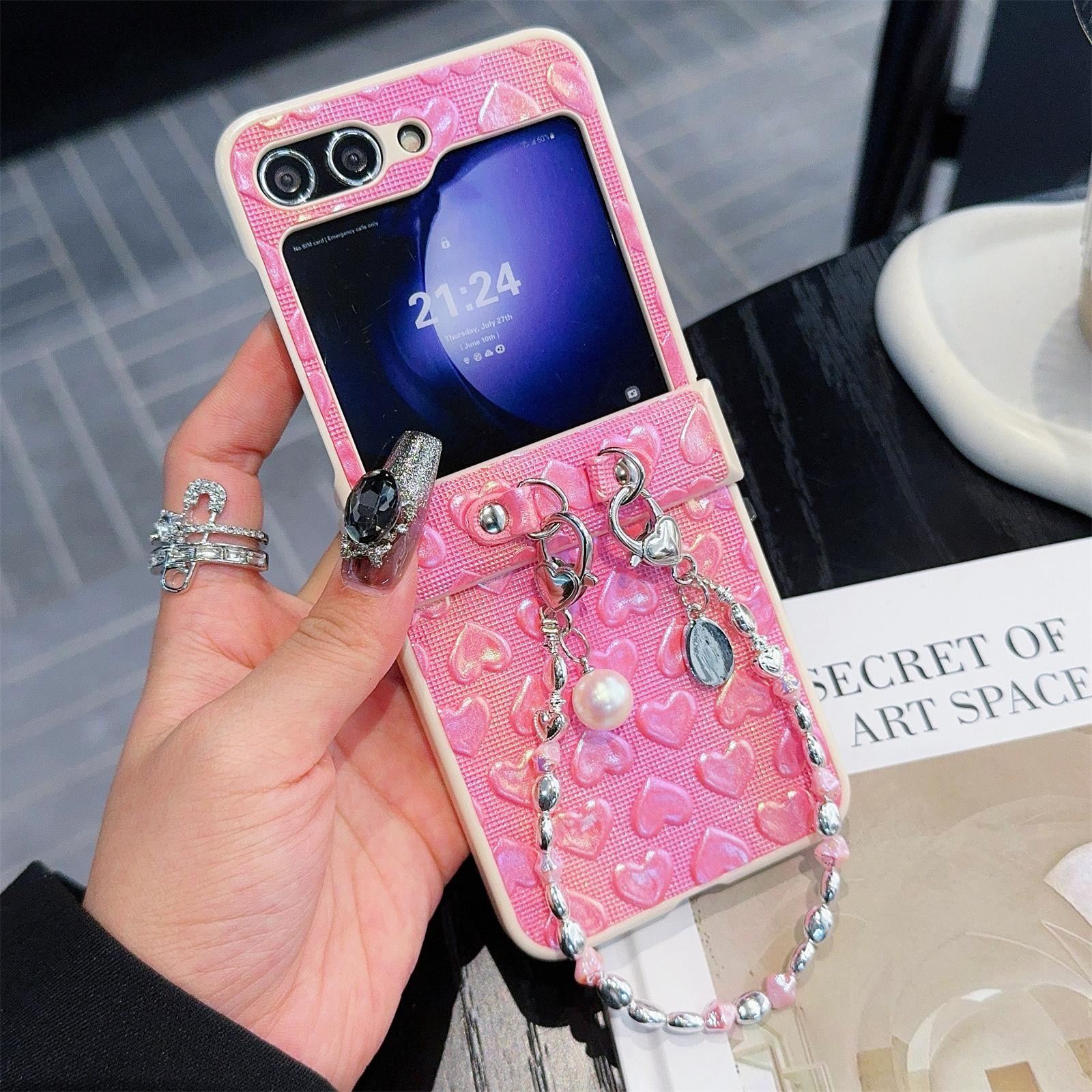 

For Samsung Galaxy Z Flip7 FE 5G/Z Flip6 5G Case Bubble Heart Leather+PC Phone Cover with Beaded Strap Pink