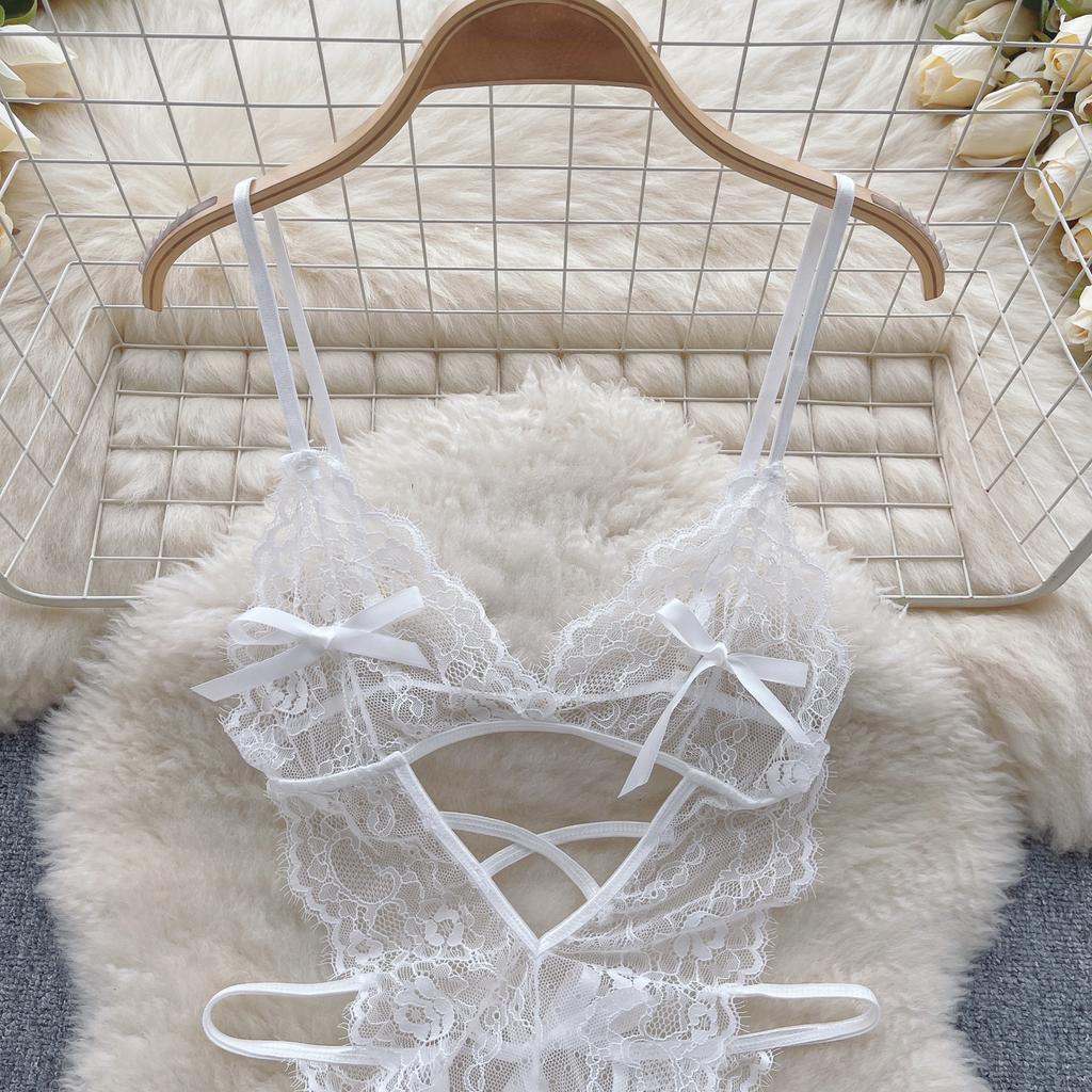 Mesh Sexy Lace Camis Nightwear Rompers Women Solid Hollow Out Open Crotch Lingerie Playsuits Female Backless Sheer Sensual Slim Bodysuits 2024