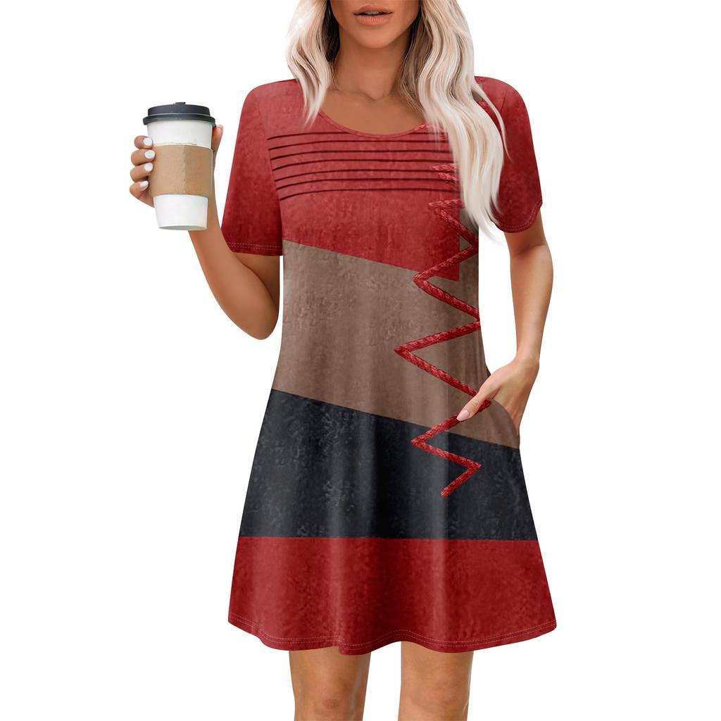 Damen Sommer Casual Rundhals Plissee Mit Taschen Bedruckte Kurzarmkleider