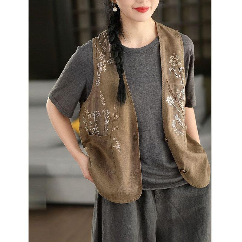 Women Floral Embroidered V Neck Button Front Cotton Vest