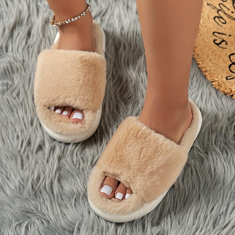 Cozy Fluffy Faux Furry House Slippers Single Band Open Toe Platform Fuzzy Shoes Comfy Warm Home Slippers