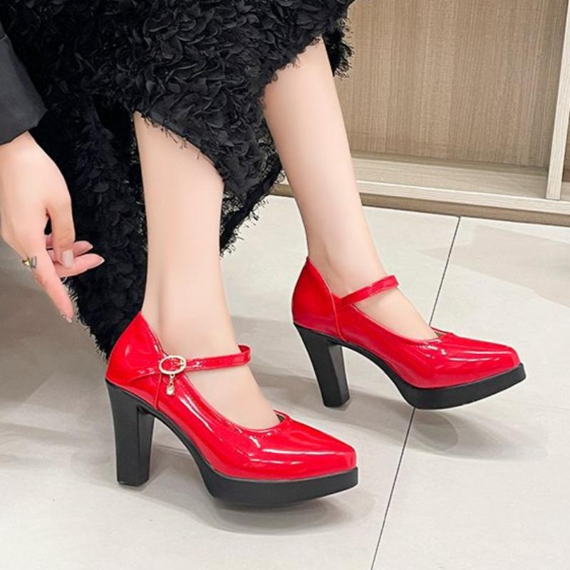 Women's High Heels Thick-soled Waterproof Platform Thick-heeled Leather Shoes Work Shoes