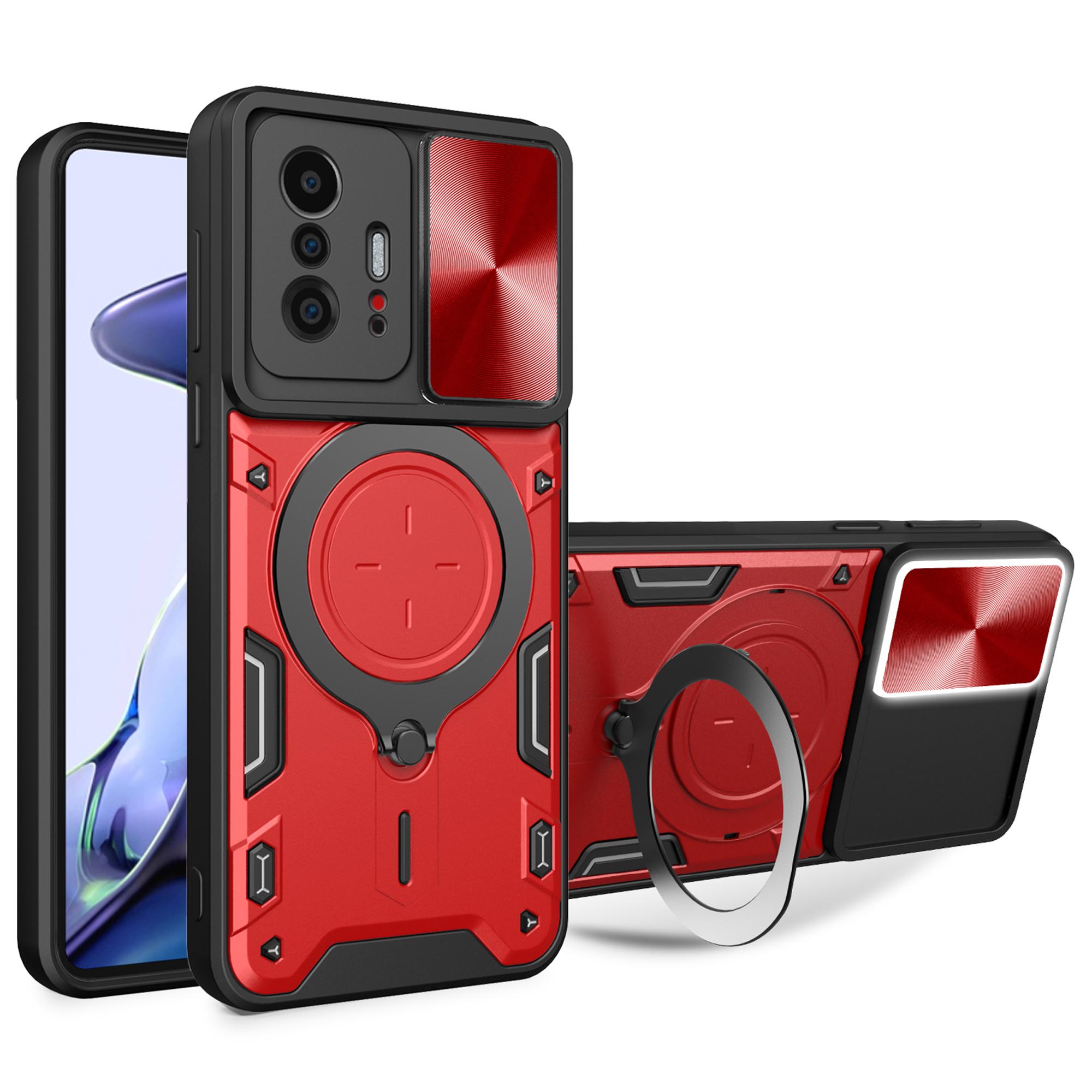 

For Xiaomi 11T 5G/11T Pro 5G PC+TPU Cover with Slide Camera Lid Ring Kickstand Anti-drop Phone Case Red