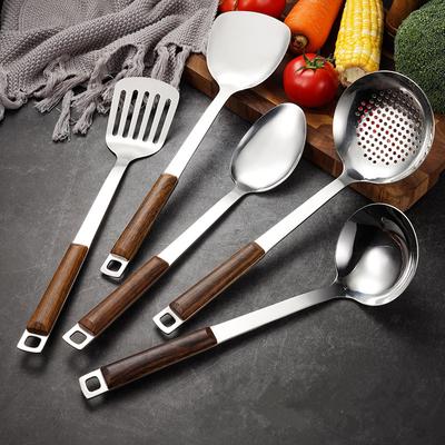 Espátula Wok Mango Madera Utensilios Cocina Acero Inoxidable Pala Freír Colador Cuchara Sopa Arroz Herramientas Utensilios Cocina
