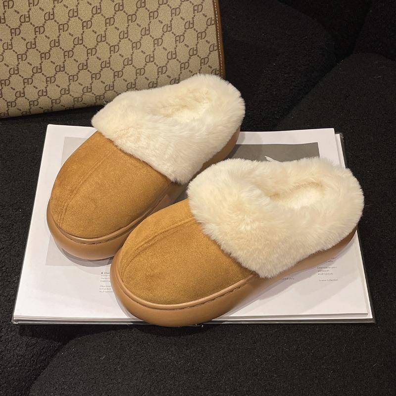 Simple Solid Color Bag Head Fluffy Slippers Women's Autumn and Winter New Outer Wear Thick Bottom Heightening Warm Home Cotton Slippers