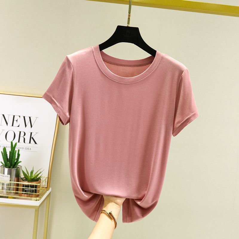 

Women s Short-Sleeved T-shirt Summer Modal Loose Plus Size Tops Inner Wear Solid Color T-shirt round Neck Ice Silk Slim Looking Bottoming Shirt Pink M (recommended 40.00 kg-50.00 kg