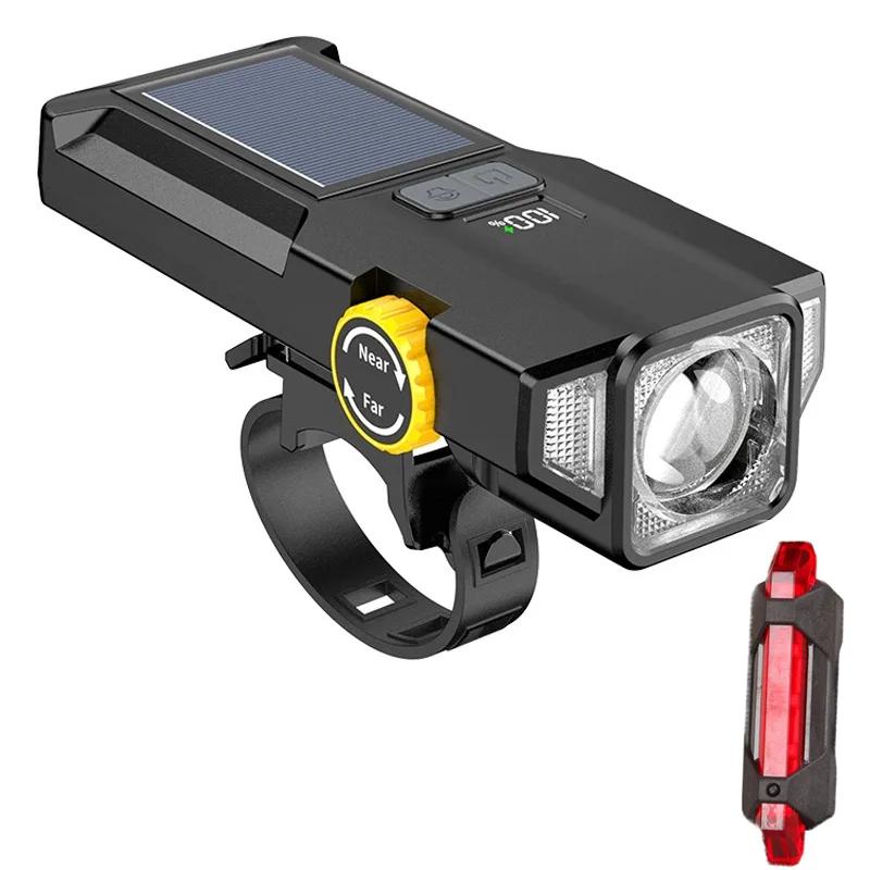 USB Rechargeable Solar Bicycle Light with Power Display MTB Mountain Road Bike Front Lamp Integrated Flashlight for Cycling Safe