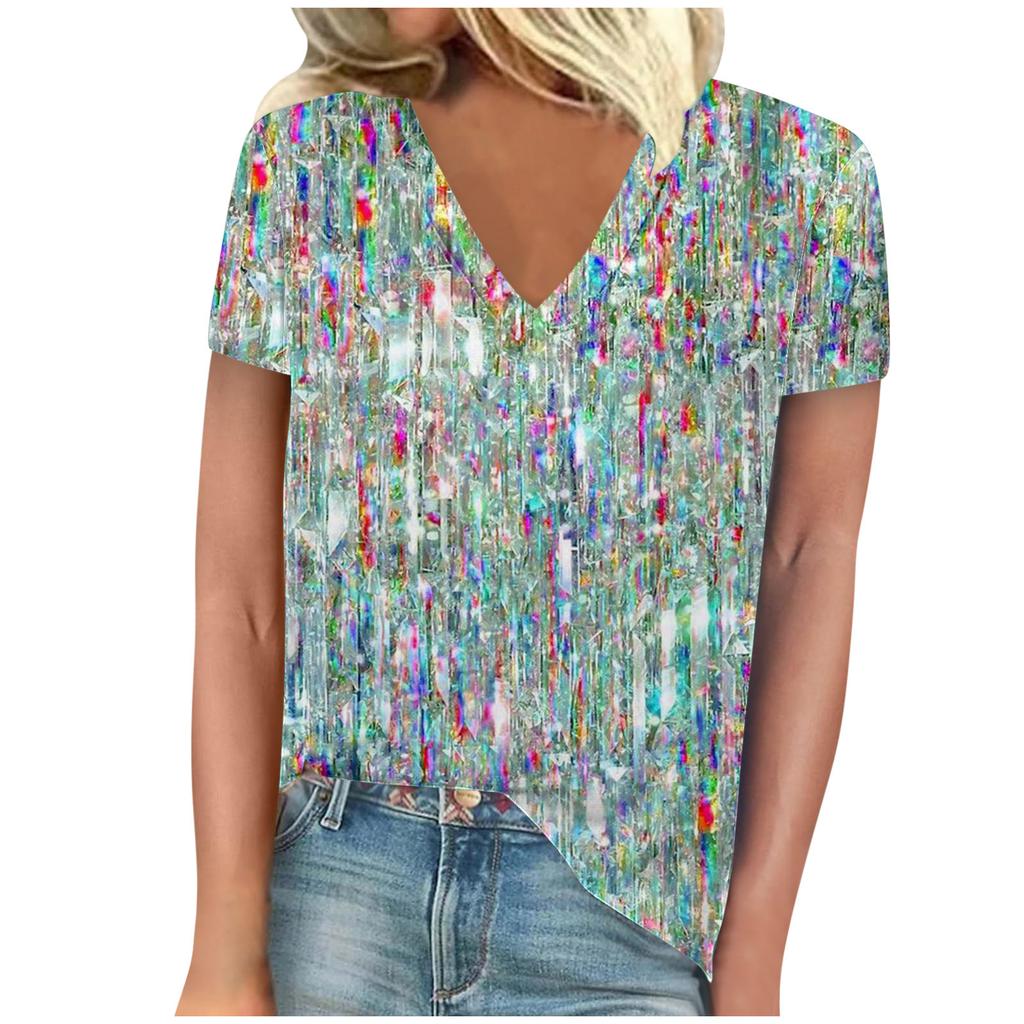 Summer V-neck 3D Stripe Printed Top Fashionable Casual Short Sleeved Women's T-shirts