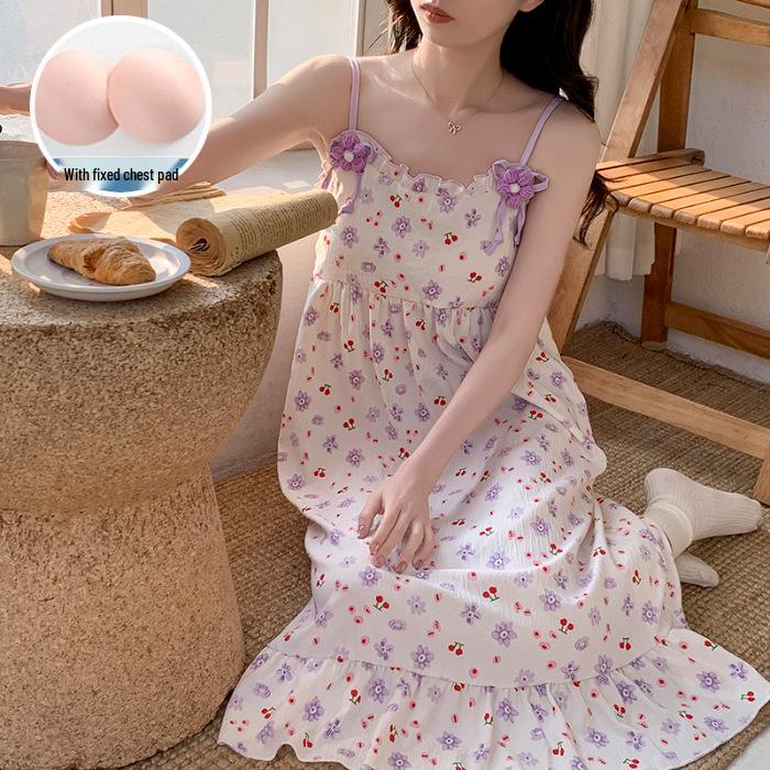 Women's 2026 Summer Cloud Cotton Camisole Nightgown with Built-in Bra, Princess Style Long Dress Lapel