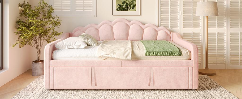 Daybed with Pull-Out Bed, Sofa Bed, Single Bed (Without Mattress), Double Bed, Velvet, Color-Changing LED Strip, 90x200cm(180x200cm), Pink