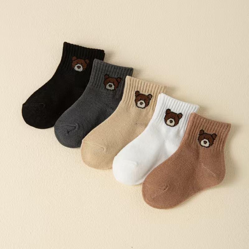 5 Pairs Cartoon Bear Pattern Baby Socks Toddler Soft Comfortable Breathable Cotton Socks Spring Autumn Kids Mid-calf Footwear