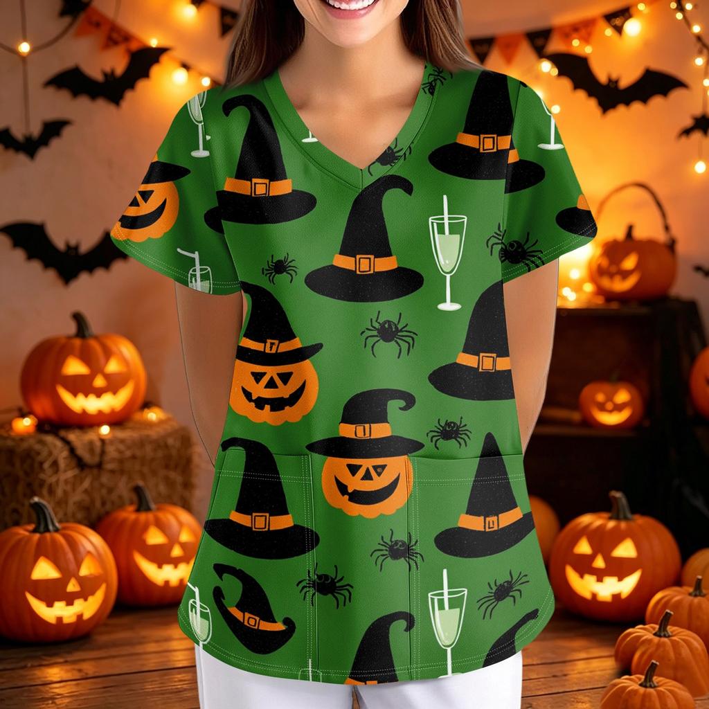 Women V Neck Short Sleeve Scrub Top with Halloween Print Loose Fit Nursing Uniform with Pockets for Healthcare Work