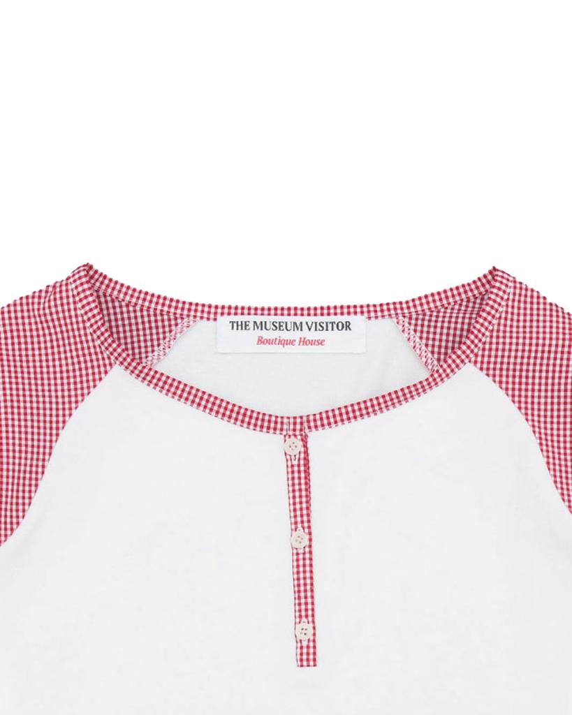 THEMUSEUMVISITOR Check Mixed Henley Neck T-Shirt (White)