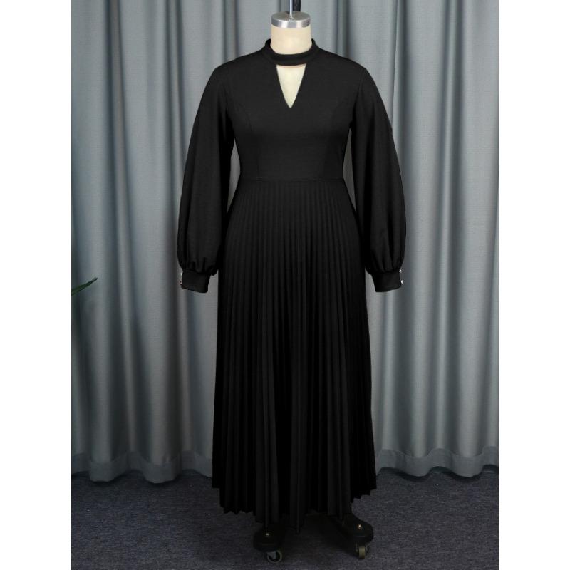 Aomei Elegant Solid Stand Collar Lantern Sleeve Pleated Long Dress For Women