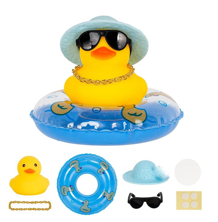 Car Duck Car Rubber Dashboard Decorations Ornament Yellow Rubber Duck with Mini Swim Ring Sun Cowboy Hat Necklace