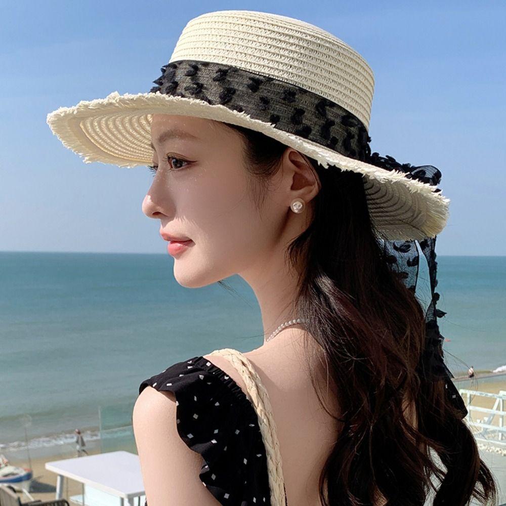 Fashion Large Brim Wide Brim Summer Sun Hat Lace Bowknot Anti Uv Sunshade Cap Sweet Breathable Straw Hat Seaside Vacation