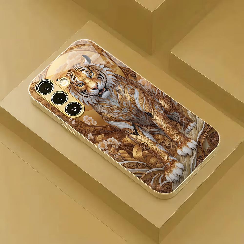 Tiger Electroplated Glass Phone Case Suitable for Samsung Galaxy S26 S25 S24 S23 S22 S20 FE/Ultra/Plus Anti Fall Back Cover