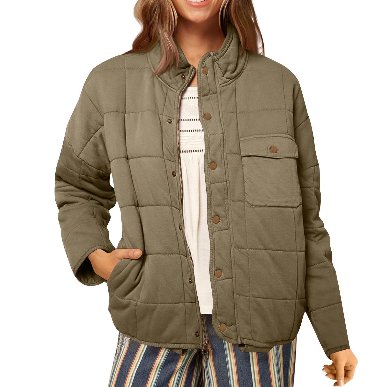 

Женская модная легкая куртка с воротником-стойкой, многоцветное пальто на молнии и пуговицах XL армия зеленый